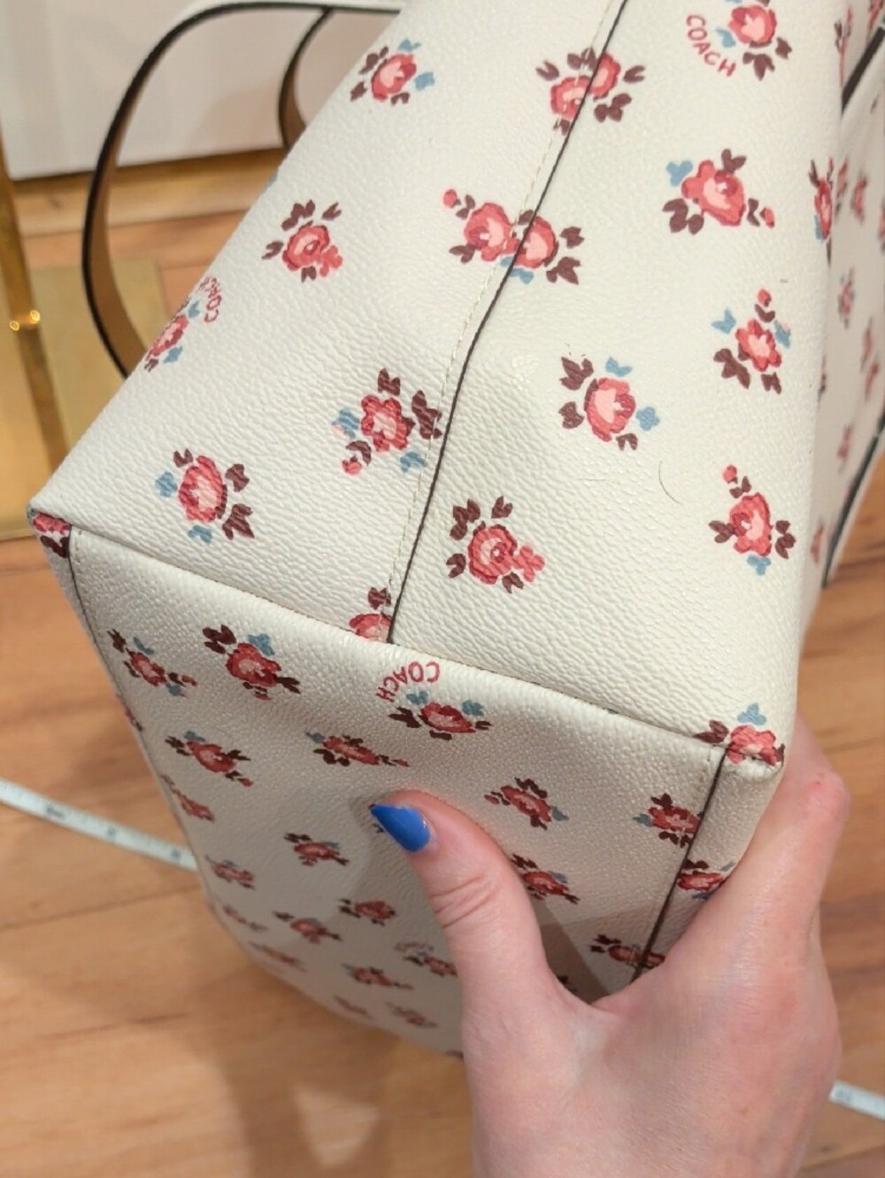 Coach Cream Tote with Pink Floral Print and Tan Leather Tag - Picture 14 of 17